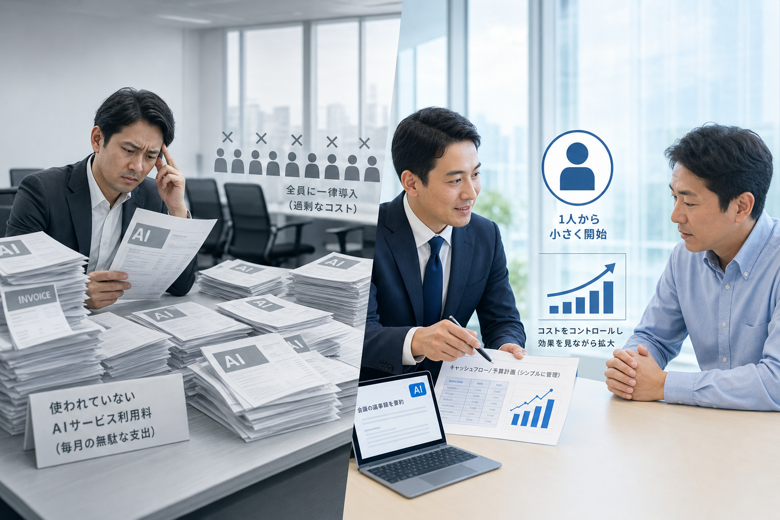 無駄な全社契約で費用だけが増える失敗と、財務の視点で1人・小さく始めて成果を出す支援の対比